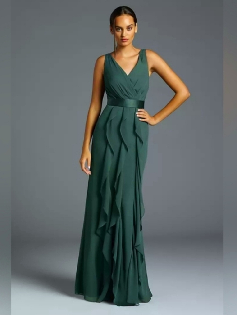 NWT Vera Wang‎ Ruffled Surplice Bodice Dress Forest Green STYLE# VW360189